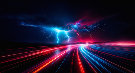 Dramatic sky with blue and red lightning bolts illuminating the night, above fast streaks of light crossing the dark ground below.