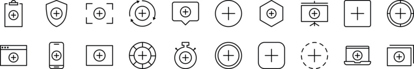 Plus or Add Thin Icons Collection. Editable Stroke. Perfect for Web Sites, Books, Cards, Apps