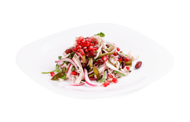 A salad with beans, onions, and pomegranate seeds on a plate