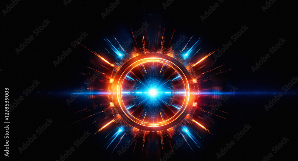 Poster circular abstract design with vibrant blue center and orange outer rings on a black backdrop. glowin