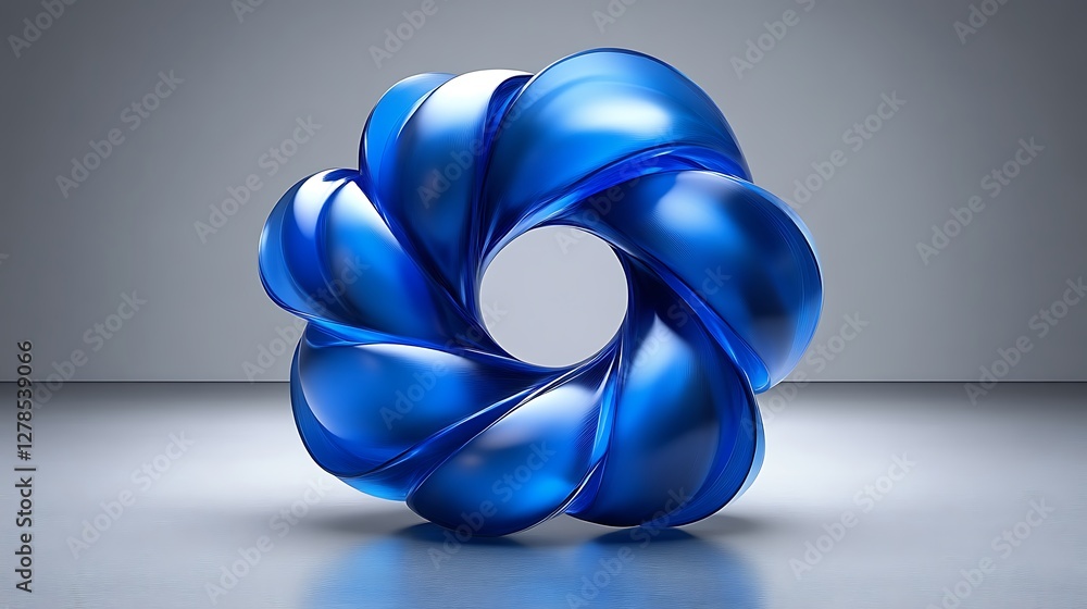 Poster a 3d rendering of a swirling blue abstract shape with a glossy surface on a grey background