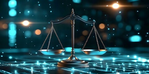 Digital law scales over data center environment legal concept visualization futuristic technology setting