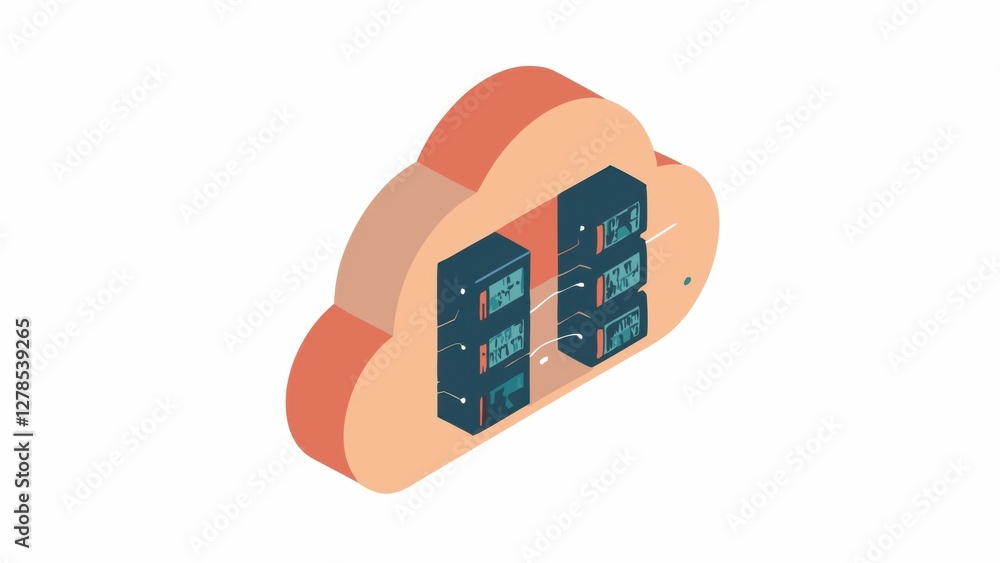Poster a stylized illustration of cloud computing with servers inside a cloud shape, representing data stor