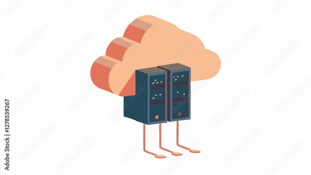Poster a whimsical illustration of two servers standing under a cloud, symbolizing cloud computing and data