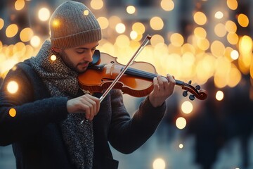 Fototapeta premium Musician performs violin on a winter evening amid glowing lights while wearing a warm scarf in a festive outdoor setting