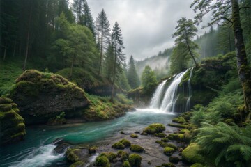 Obraz premium Misty Waterfall in Lush Forest