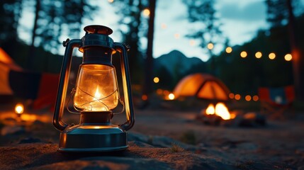 Nighttime camping with lanterns and warm glow, serene forest setting, flickering campfire, peaceful and cozy atmosphere