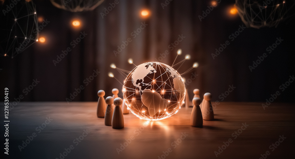 Aufkleber Glowing globe with digital connections surrounded by wooden figures. Abstract net structures and lights suggest global network and technology.