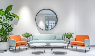 Modern minimalist waiting area with pastel furniture, plants, and a large round mirror.