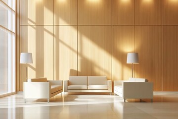 Modern minimalist waiting area with wooden wall and sunlight.