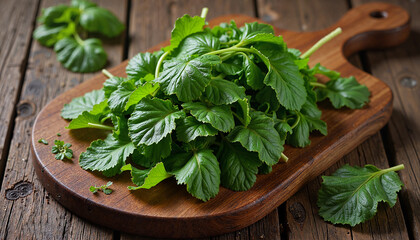 Wooden cutting board with fresh nettle leaves, known for their detoxifying properties