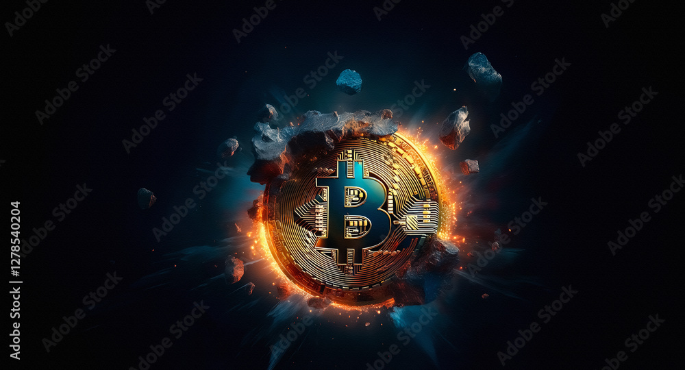 Poster bitcoin symbol erupts with fiery energy against a dark background. debris and sparks fly around the 