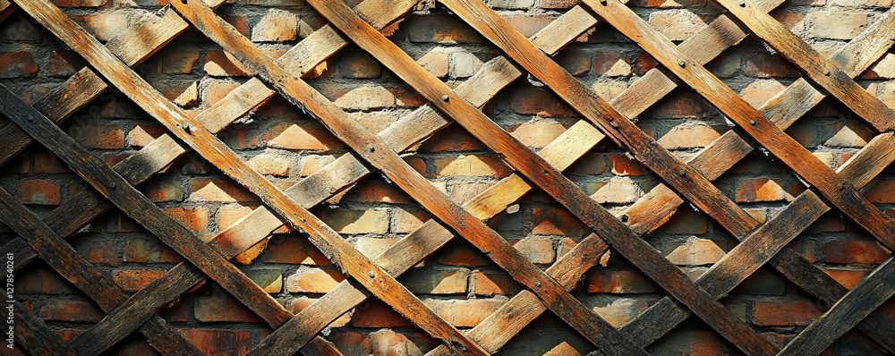 Poster rustic wooden lattice on brick wall texture for architectural design