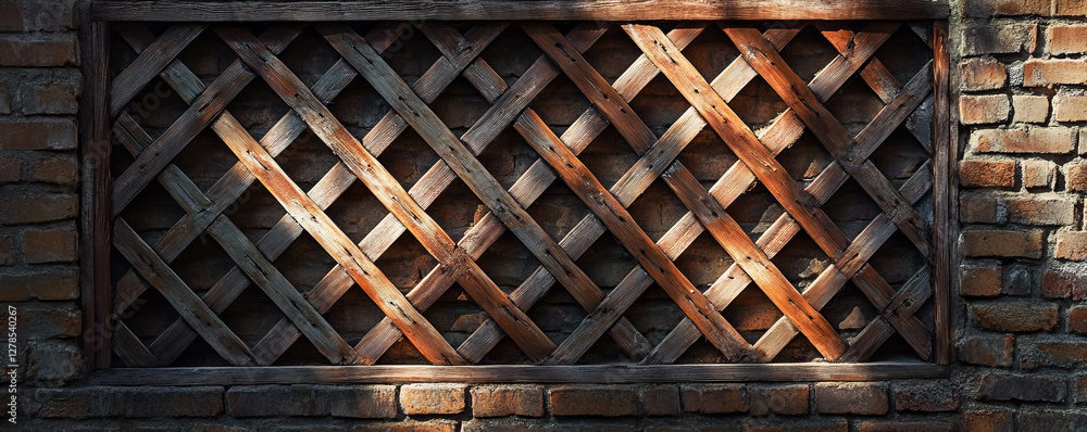 Poster rustic wooden lattice texture on brick wall for architectural design