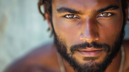 Obraz premium Young attractive indigenous man looking on camera - Portrait of native american person - Model by AI generative
