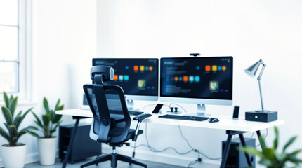 Remote work environment a modern minimalist home office with dual monitors, ergonomic chair
