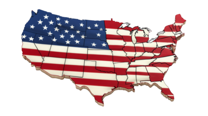 American flag waving over detailed United States map, highlighting state borders on transparent background