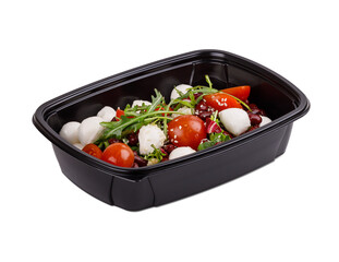 Black lunchbox with a salad of tomatoes, beans, and mozzarella