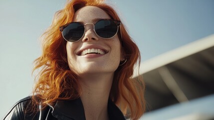 Smiling woman with red hair wearing sunglasses outdoors during sunny day in a vibrant atmosphere