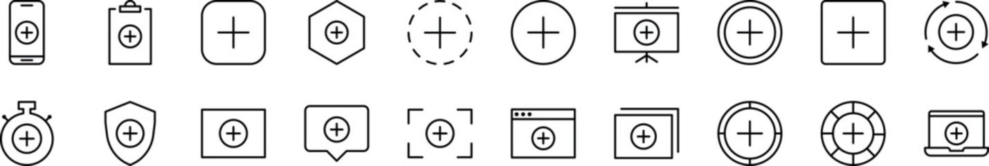 Plus or Add Icon Set for UI, Placards, Books, Apps. Editable Stroke. Perfect for Web Sites, Books, Cards, Apps