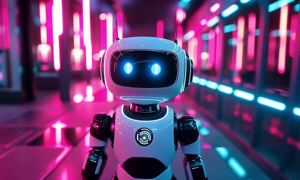 Friendly robot in neon city, futuristic technology