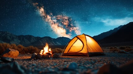 Peaceful camping scene with tents under stars, breathtaking night sky, warm glowing fire, serene and dreamlike atmosphere