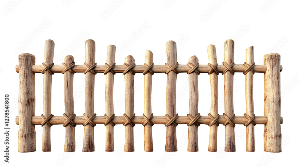 Poster Short wooden fence tied with rope creating a boundary, isolated on transparent background, ideal for image compositing