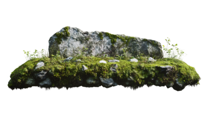 Photorealistic mossy rock formation isolated on transparent background, ideal for photo manipulations and compositing