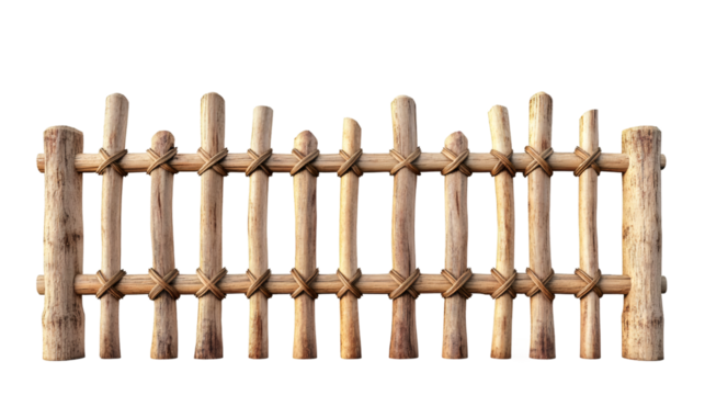 Short wooden fence tied with rope creating a boundary, isolated on transparent background, ideal for image compositing