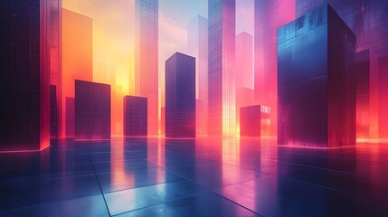 Futuristic Cityscape with Illuminated Geometric Skyscrapers at Sunset
