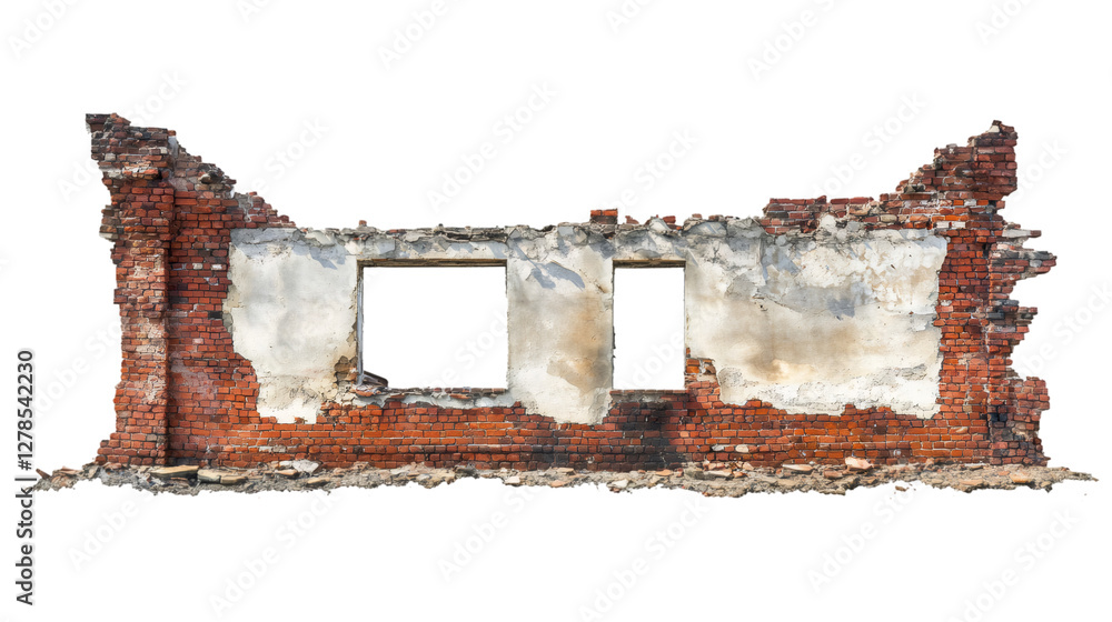 Poster Crumbling facade of a red brick building revealing empty window spaces, isolated on transparent background