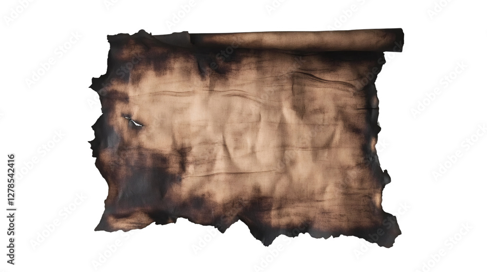 Leinwandbilder old burnt scroll with transparent background is partially rolled up, showing its age and damage