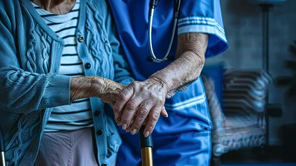 Supportive interaction between a caregiver and an elderly woman highlights compassion and daily care practices