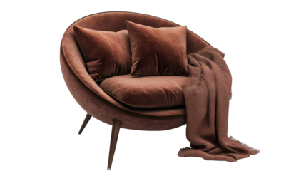 Modern round armchair with soft cushions and warm blanket inviting to relax, isolated on transparent background, perfect for interior design projects