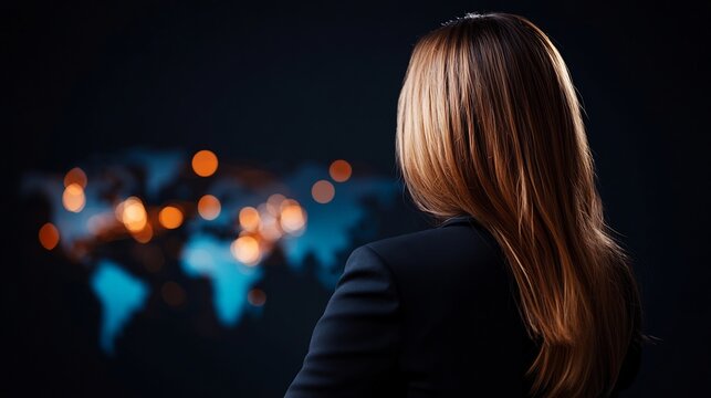 Businesswoman contemplating global network illuminated map strategy