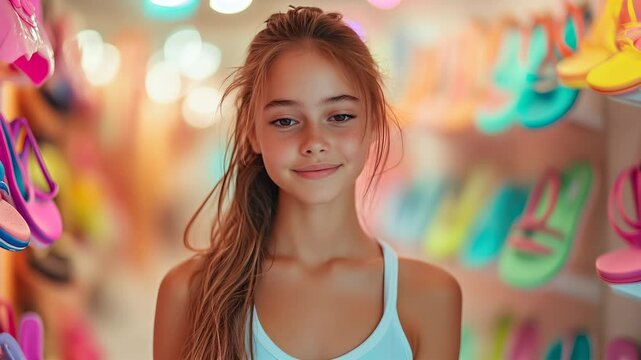 Young girl enjoys colorful flip flops while shopping at vibrant store