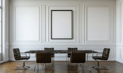 Elegant dining room with marble table, leather chairs, and blank frame.