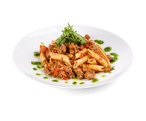 A white plate topped with pasta and meat on a white background