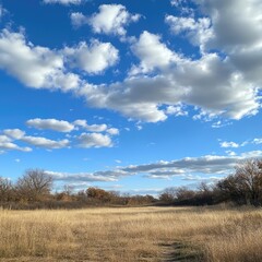 Open field under a vibrant blue sky, nature landscape