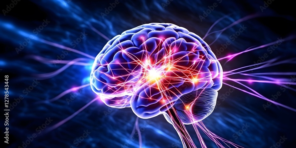 Poster neural connections illuminating a brain dark background digital art science close-up technology conc