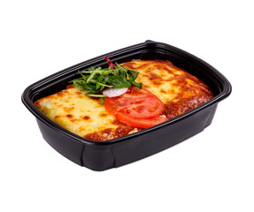 A black plastic container that is filled with lasagna and tomatoes