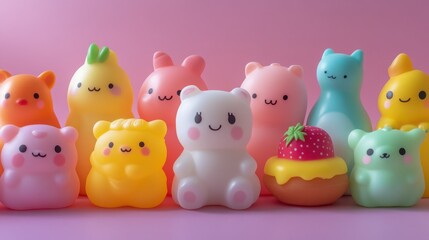 A playful and colorful assortment of squishy toys, such as cute animals, food shapes, and fun characters, arranged on a pastel background, creating a soft and whimsical visual.