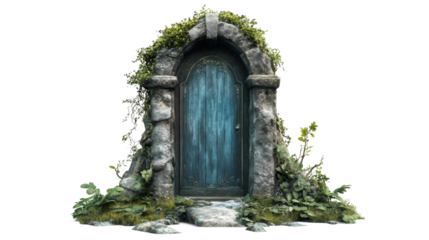 Weathered blue wooden door framed by stone arch, overgrown with ivy, isolated on transparent background, enhancing fantasy storytelling designs