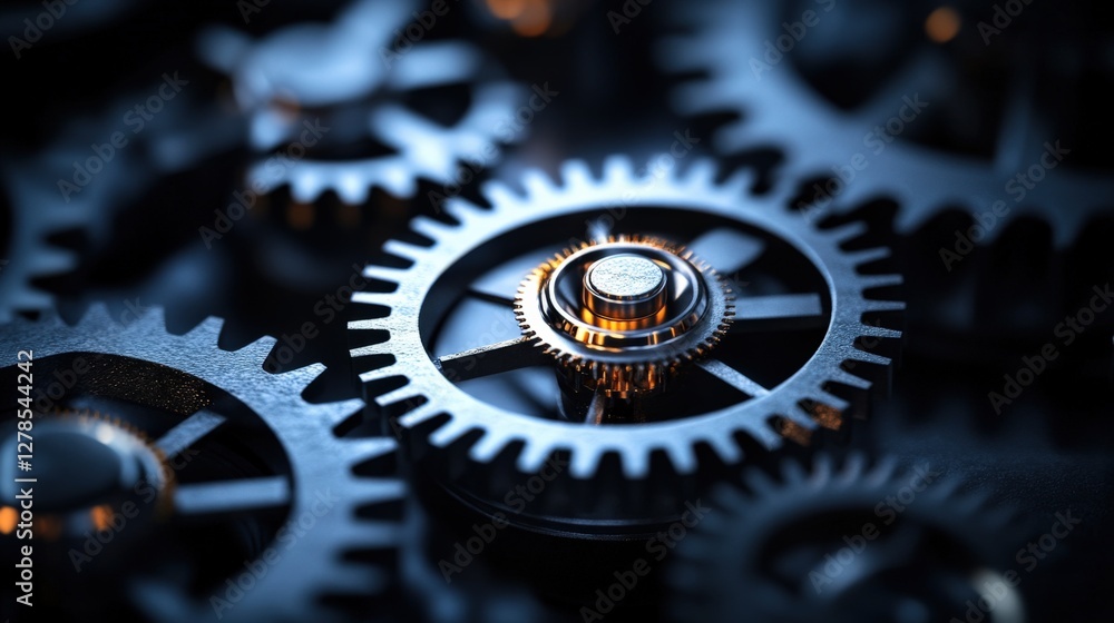 Poster close-up view of intricate metallic gears interlocking, showcasing engineering precision and design
