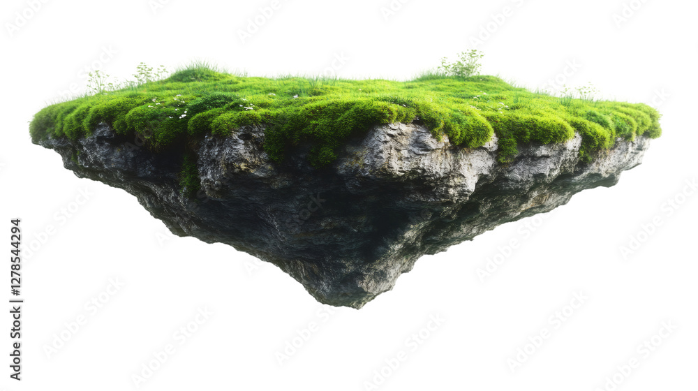Poster 3d rendering of a floating island with green grass and transparent background, perfect for photo manipulations