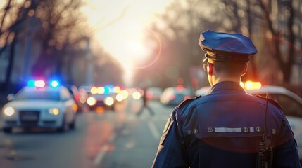 Police officer monitoring traffic with flashing lights in the background during sunset