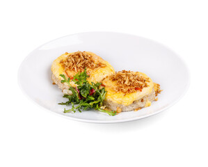 A simplistic white plate that holds two pieces of delicious food placed on it