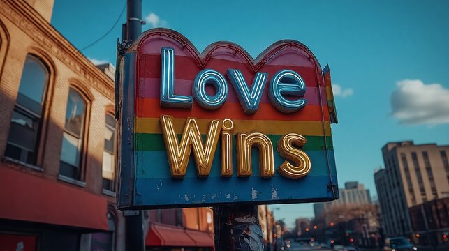 A close-up shot of a pastel rainbow arch-shaped sign with the word "Love Wins" at an urban street corner.