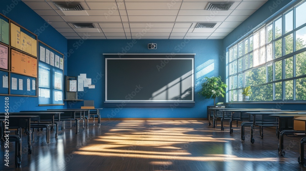 Poster a bright, spacious classroom with large windows, a chalkboard, and neatly arranged desks, creating a