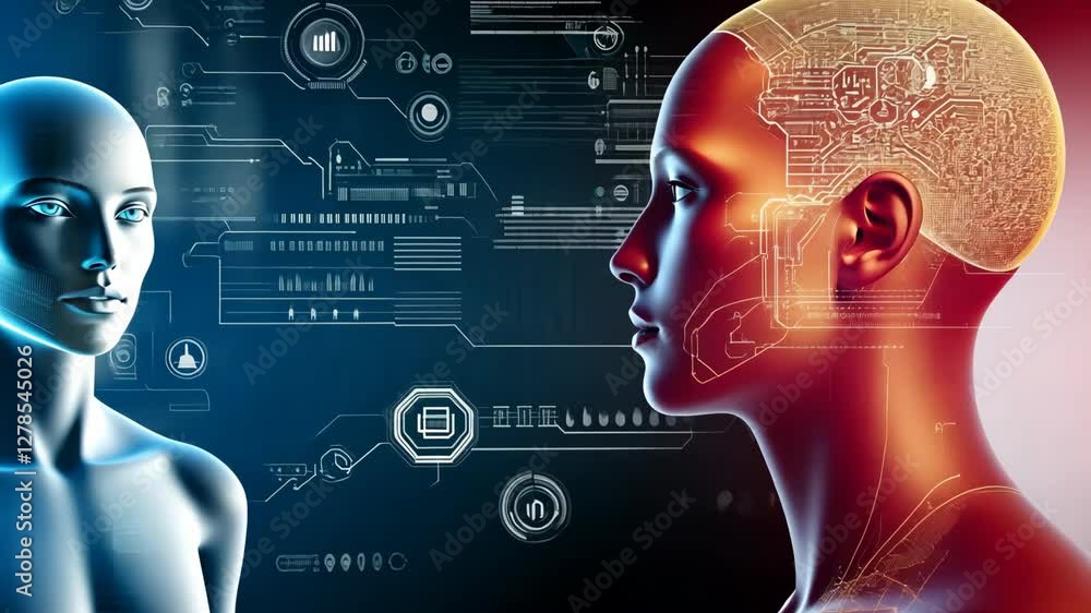 Poster futuristic visuals showcase the connection between human identity and advanced technology in a vibra